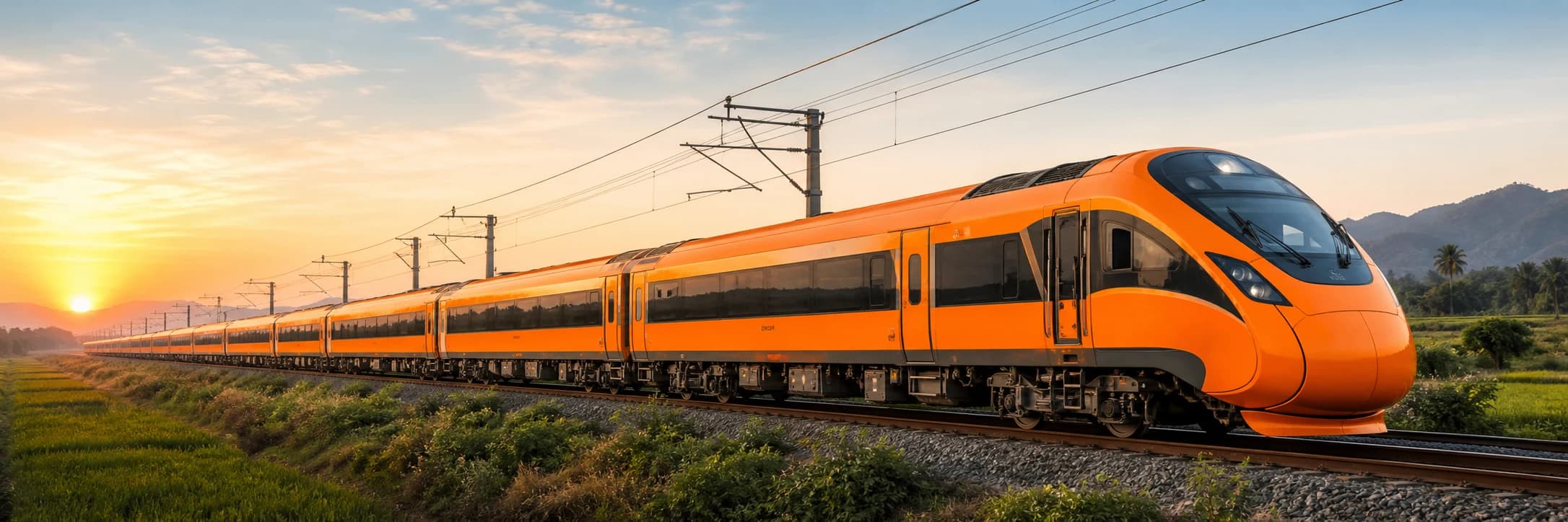 Saffron Vande Bharat Express travelling through the Indian countryside at sunrise